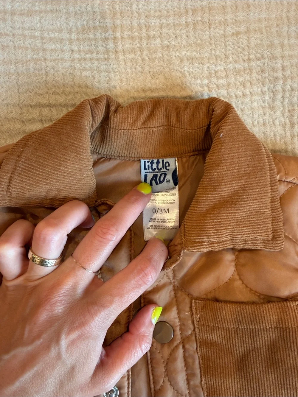 Quilted Tan Infant Jacket with Corduroy Collar